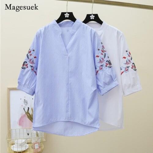 Summer Casual Chemise Ethnic Style Blouse Plus Size Embroidery Shirts Fashion V-neck Stripe White Women Tops Femme Blusas 14995