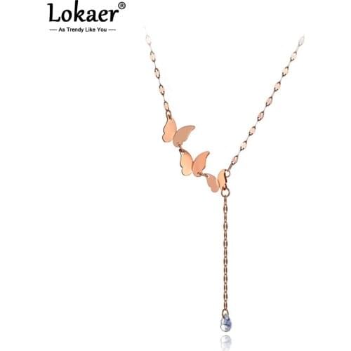 Lokaer Trendy Stainless Steel CZ Crystal Butterfly Choker Necklaces For Women Girls Office Style Charm Pendant Necklace N19216