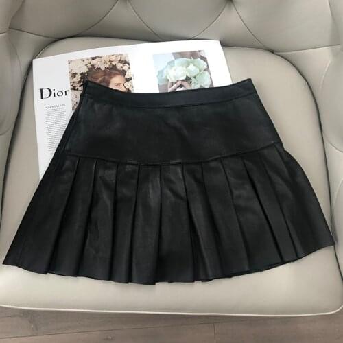 Pleated skirt mini black real sheepskin leather skirt kawaii 2020 new fashion korean style skirts womens plus size
