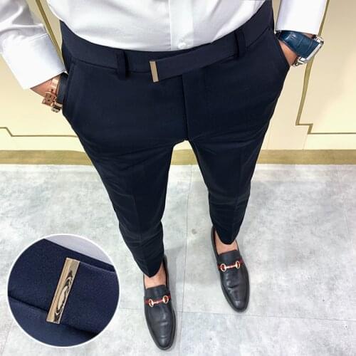 2020 Mens Spring Solid Color Suit Pants Fashion Business Casual 9 Points Pants Suit Pants Mens Elastic Straight Formal Pants
