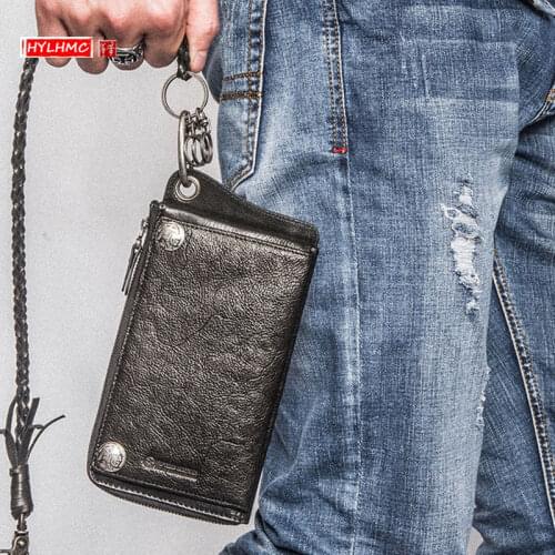 Mens Wallet Long Section Multi-card Bit Purse Zipper Wallet Security Chain Mobile Vintage Wallet Punk Design Ultra-thin Leather