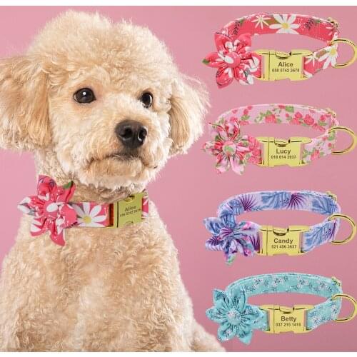 Nylon Print Dog Collar Personalized Dogs ID Tag Collars Small Medium Large Dogs Necklace With Flower Accessories For Pet Walking