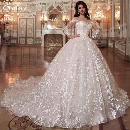 EVALOVE New Glamorous Appliques Court Train Ball Gown Wedding Dress 2021 Elegant Scoop Neck Beading Sashes Princess Wedding Gown