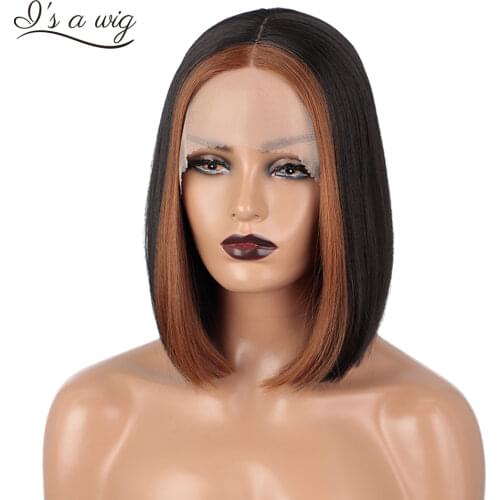 Is a wig Black Brown Short Straight Lace Front wigs for Women Synthetic Lace Wigs Middle Part Ombre Blonde Mix Brown Bob Wigs