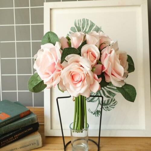 Luxury Rose bouquet white artificial flowers with fake green leaves for wedding party decoration INS wind bridal hand flowers