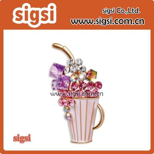 Pink rhinestone enamel drink coffee cup brooch badge pin jewelry
