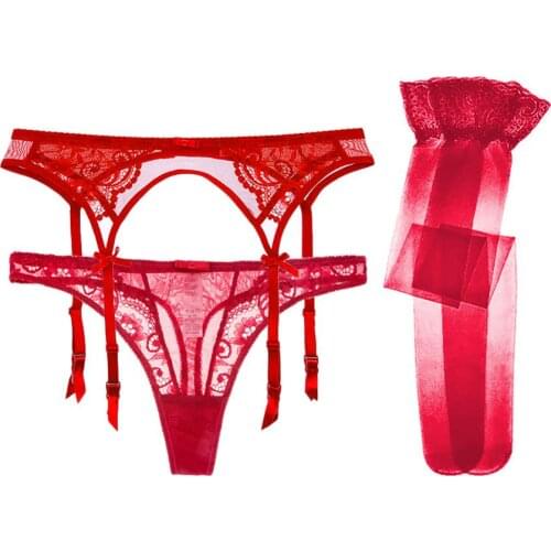 Sexy lace embroidery see through thong panties ladies garter belt thong + garter belt + stockings 3piece/set CYHWR