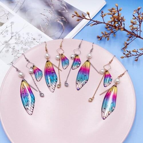 Minar Fairy Asymmetric Gradient Rainbow Cicada Wings Earrings for Women Shiny Rhinestone Foil Resin Butterfly Drop Earrings Gift