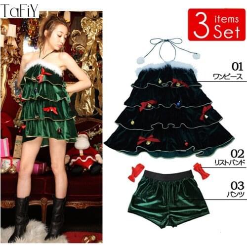 TaFiY 3 PCS Hot sell Women Christmas Green Dress Sexy Christmas Tree Costumes For Adults Uniform Cosplay Xmas Costume One Size