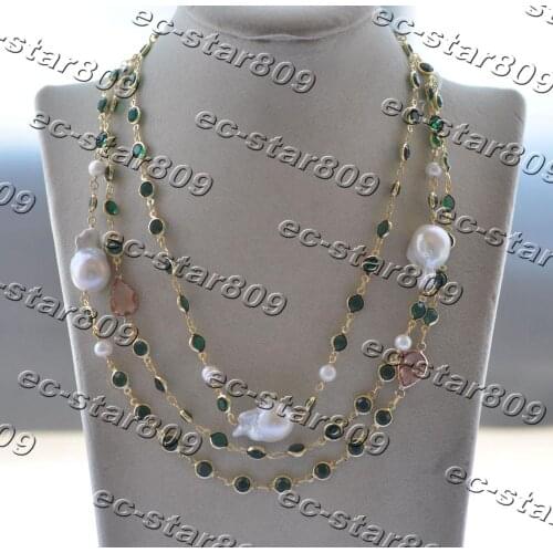 Z11365 54" 23mm White Baroque Keshi Reborn Pearl Green Gemstone CZ Gold-plating