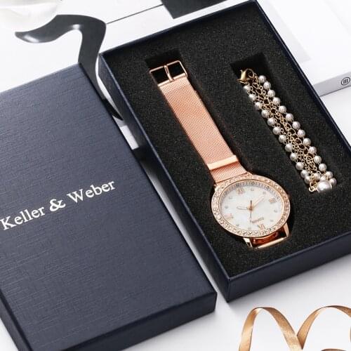 Women Watch Bracelet Gifts Set Ladies Rose Gold Quartz Clock Watch Diamond Dial Girl Fine Pearl Bracelets Present Set for Wife
