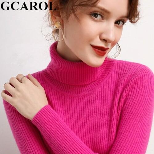 GCAROL Fall Winter Women Turtleneck Cashmere Slim Sweater 30% Wool Warm Stretch Candy Jumper Render Base Knitted Pullover 2XL
