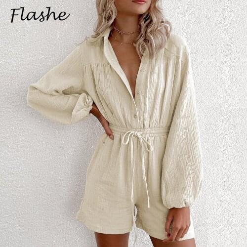 Womens Jumpsuits 2021 Spring Summer Overalls Casual Playsuits Female Solid Turn Down Collar Button Long Sleeve Rompers