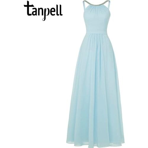Tanpell scoop long evening dress women blue ruched sleeveless zipper up floor length dress cheap beaded a line evening dresses