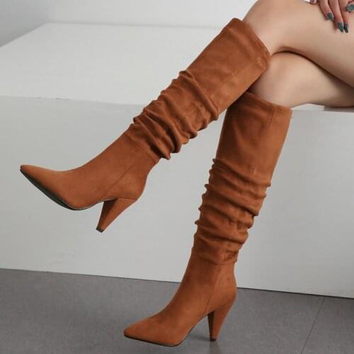 2021 Lady Knee High Boots Slip On New Fashion Pleated Loose Shoes Female Pointed High Heel Flock Autumn Winter Plus Size Boots