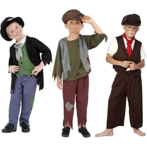 New 2019 Victorian Poor Boy Childrens Orphan Urchin Cosplay Costume Fancy Dress with Hat for Festival Carnival Party Halloween