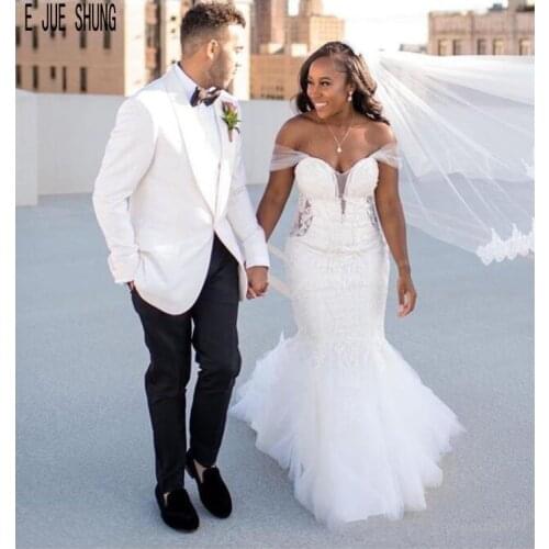 E JUE SHUNG African Style Wedding Dresses Off The Shoulder Appliques Tulle Mermaid Wedding Gowns Lace Up Back Vestidos De Novia