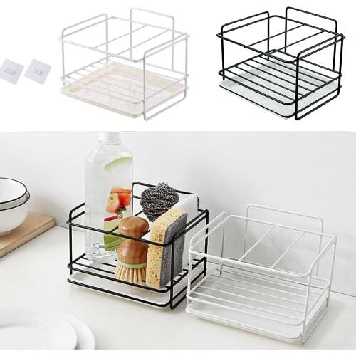 Sponge Drain Holder With Removable Tray Kitchen Sink Organizer Dishcloth Brushes Rack Bathroom Soap Shampoo Iron Shelf Storage