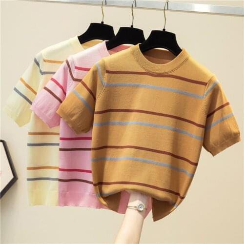 LJSXLS Summer Short Sleeve Knitted Sweater Womens Casual Striped Women Top Pink O-Neck Pullover Sweaters Korean Fashion Clothes