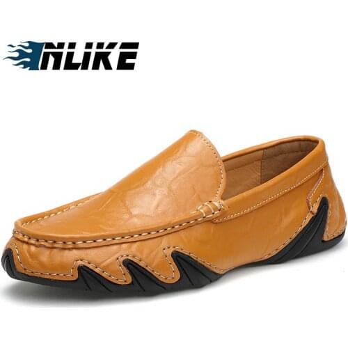 Inlike Mens Big Size Slip On Casual Shoes Men Loafers Breathable Soft Top Layer Genuine Leather Driving Flats