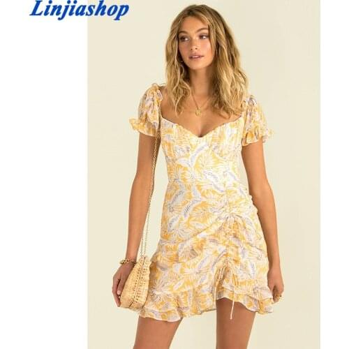 Fashion Summer Womens Dress Elegant Dresses Feather Print Puff Sleeve Female Drawstring Folds Ruffles Vacation