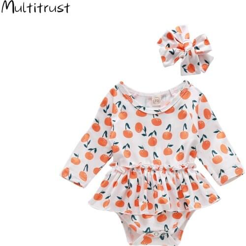 Infant Baby Girl’s Fashion Rainbow Orange Print Jumpsuits Summer Long-sleeved Triangle Wrapped Bodysuits + Headband
