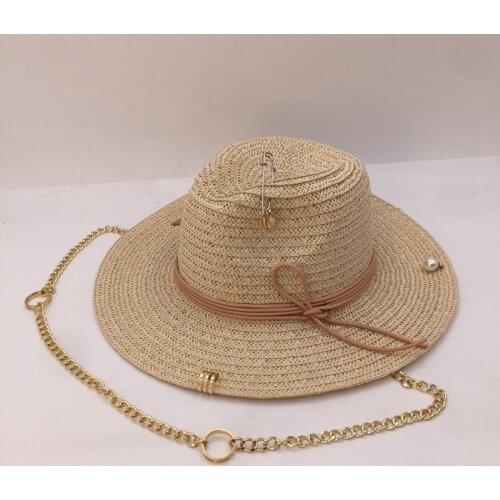 202105-nao-chain new summer paper pin gold color chain fedoras cap women leisure panama jazz hat