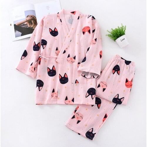 Autumn New Cotton Crepe Ladiy Nightie Long Sleeve Trousers Cathead Kimono Homewear Comfort Soft Two-piece Set Ladies Pajamas Set