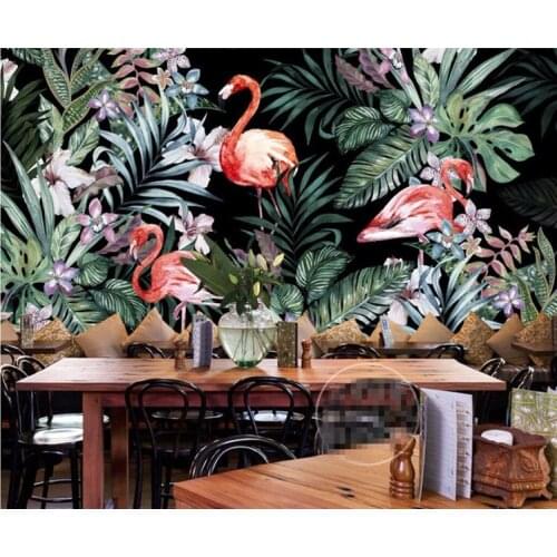 Wholesale tropical rainforest and flamingo mural wallpaper for living room kitchen decoration restaurant wallpaper free shipping