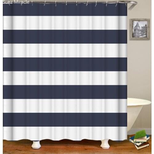 Navy blue White stripe waterproof Bathroom Shower curtain