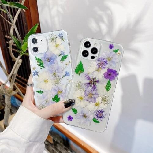 Tfshining Real Flowers Dried Flowers Cases For iPhone 12 11 Pro Max X XR XS Max 7 8 Plus Handmade Transparent Cover Case Coque