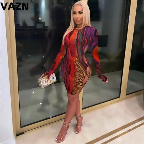 VAZN New 2020 Colorful Print Party Night Shinny Bandage Dress Full Sleeve Sheath Dresses Striped Print Mini Dress