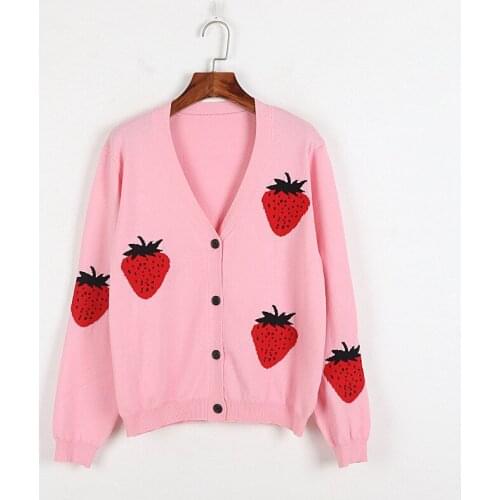 Strawberry Jacquard Pink Cardigan 2021 Autumn New V Neck Single-breasted Cute Cardigan Loose Sweater Coat