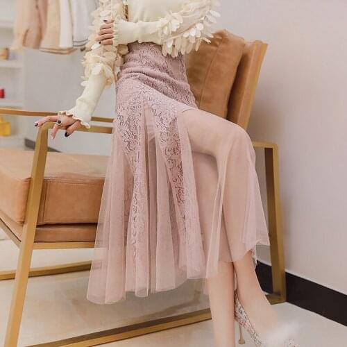 2021 New Fashion Women Vintage Lace Skirt Empire Mermaid Midi Skirt Elegant Lace Patchwork Pink Black Skirts Sweet Mesh Skirts