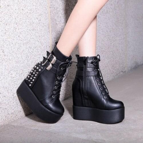 Krasovki Sexy Punk Party Wedge Ankle Boots Genuine Leather Black Motorcycle Women Boots Platform Chunky Heel Shoes For Female