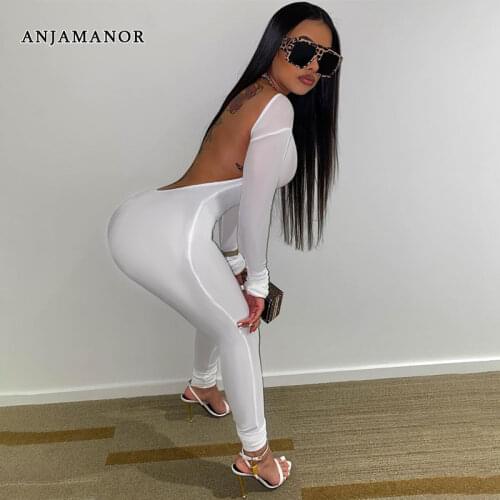 ANJAMANOR Sexy Open Back Long Sleeve Jumpsuit Black Brown White One Piece Club Outfits for Women 1 Piece Outfit D70-CD34