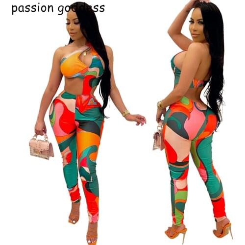 Plus Size 2021 Summer Sexy Skinny Long Jumpsuit Women Rompers Sleeveless Backless Hollow Out One Shoulder Bodycon Print Overalls