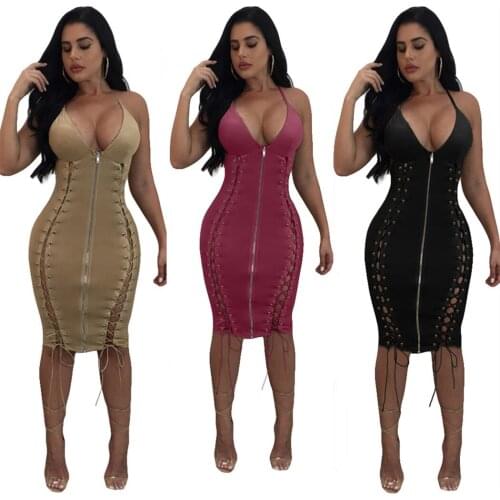 Adogirl 2020 Sexy Front Zipper PU Leather Women Dress Spaghetti Strap V Neck Rope Eyelet Lace Up Dress Party Club Dress Vestido