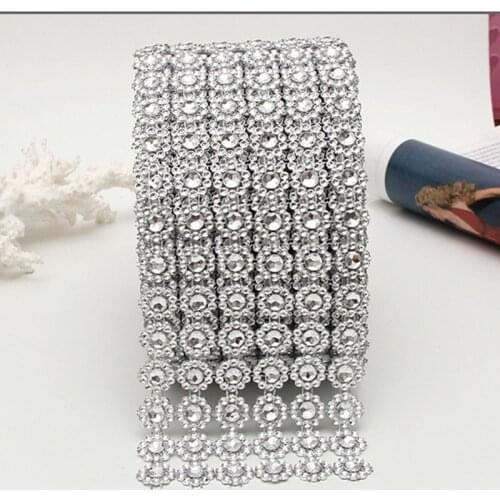 1 Yard Silver Rhinestone Crystal Ribbon Faux Diamond Ribbon Wrap Flower Shape Mesh Wrap Roll for Wedding Party Decorations