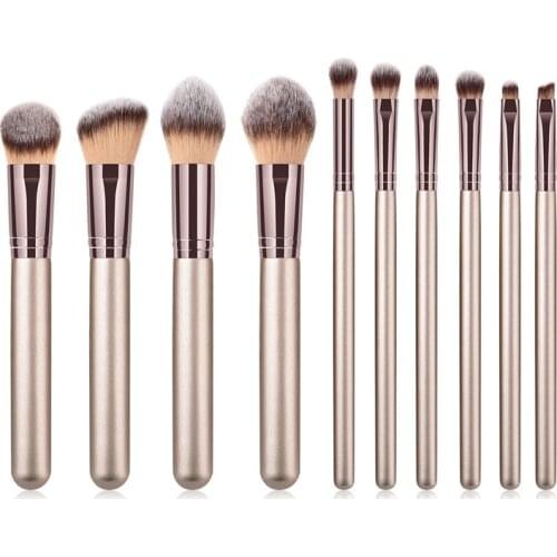 10PCS Makeup Brushes Set Wooden Handle Champaign Gold For Eyeshadow Blush Brushes Cosmetic Tools Kits
