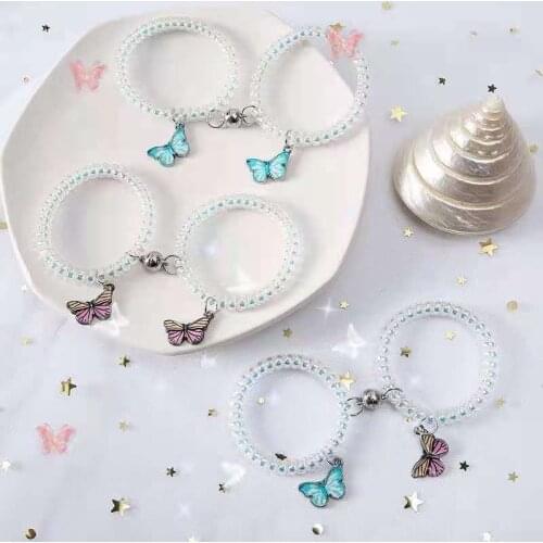 2Pcs Butterfly Pendant Couple Lovers Matching Friendship Magnetic Bracelet Hair Rope Wristband Magnetic Distance Bracelet Kit