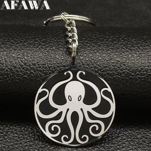 2021 Fashion Octopus Stainless Steel Keychains for Men Round Black Keyring Jewelry llaveros para hombre K77469B