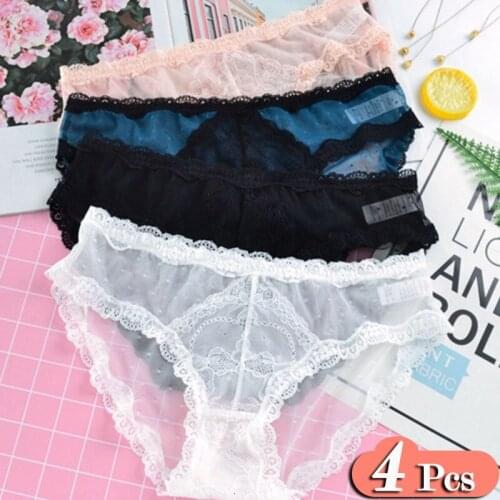 4Pcs/Lot Dots Hollow Out Lace Wave Women Panties Sexy Thin Transparent Underwear Woman Seamless Briefs Ladies Lingerie Thong Set