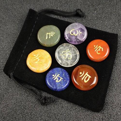7pcs/Set 7 Chakra Healing Balance Energy Symbol Stone Yoga Natural Crystal Agate Gem Reiki Polished Stone Ornaments Collection