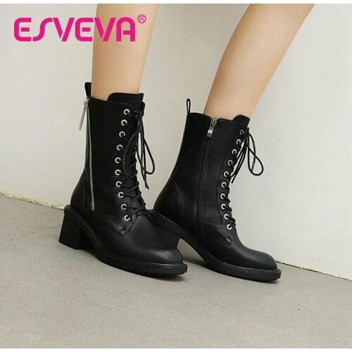 ESVEVA 2021 Round Toe Square Med Heel PU Leather All Match Ankle Boots Zipper Lace Up Stone Pattern Shoes Boots Size 34-40