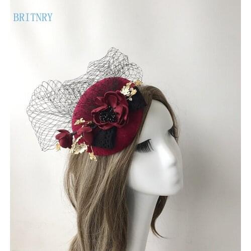 BRITNRY New Arrival Burgundy Wedding Hat Elegant Bride Hat For Wedding Party High Quality Cheap Birdcage Veil