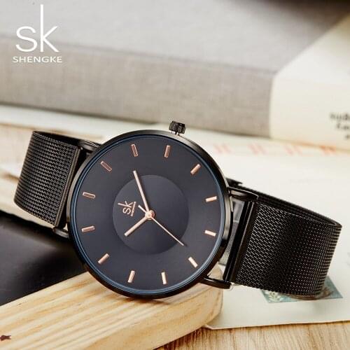 SK Fashion Black Women Watches SHENGKE High Quality Ultra Thin Quartz Watch Woman Elegant Dress Ladies Watch Montre Femme 2021