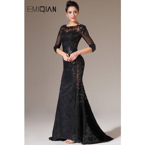 Freeshipping O Neck Half Sleeves Black Lace Evening Dresses