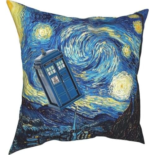 Tardis Van Gogh Pillowcase Printed Fabric Cushion Cover Decorative Pillow Case Cover Home Zipper 45*45cm