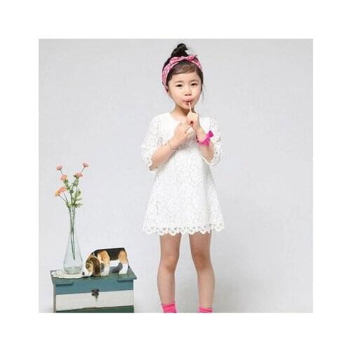 New 4-13 years childrens clothing girl baby dress children baby fashion solid color lace princess short sleeve round neck dress